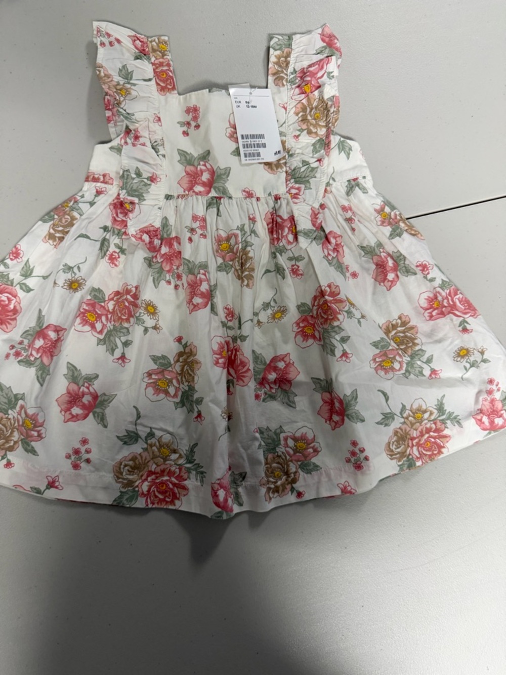 H&M White Dress with Pink Floral & Green Leaves